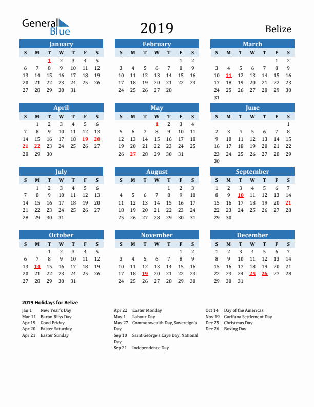 Printable Calendar 2019 with Belize Holidays (Sunday Start)