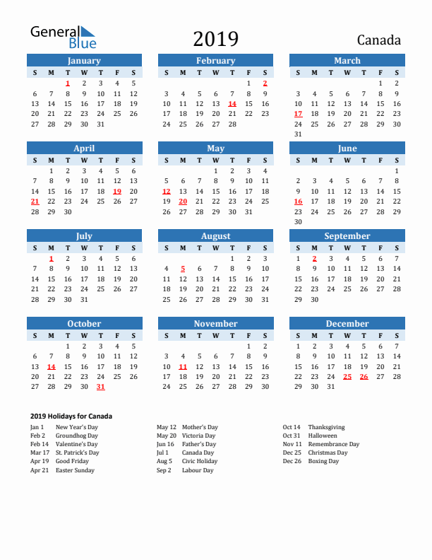 Printable Calendar 2019 with Canada Holidays (Sunday Start)