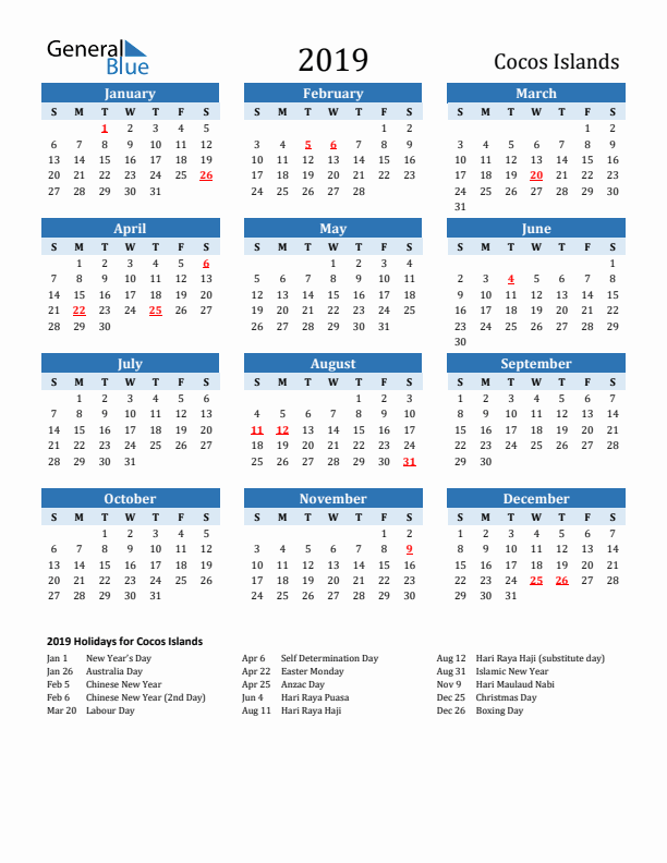 Printable Calendar 2019 with Cocos Islands Holidays (Sunday Start)
