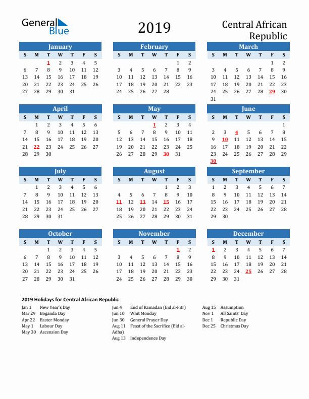 Printable Calendar 2019 with Central African Republic Holidays (Sunday Start)