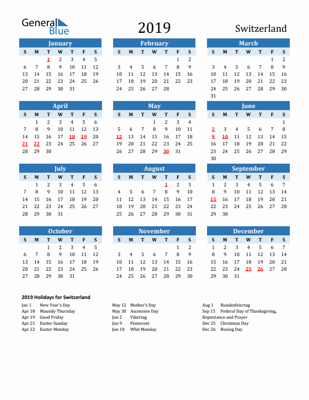 Printable Calendar 2019 with Switzerland Holidays (Sunday Start)