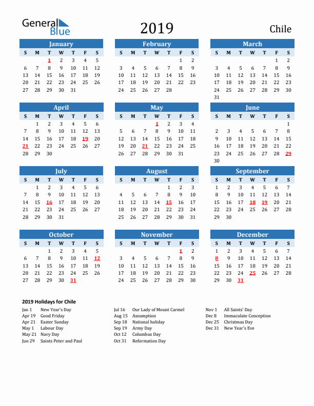 Printable Calendar 2019 with Chile Holidays (Sunday Start)