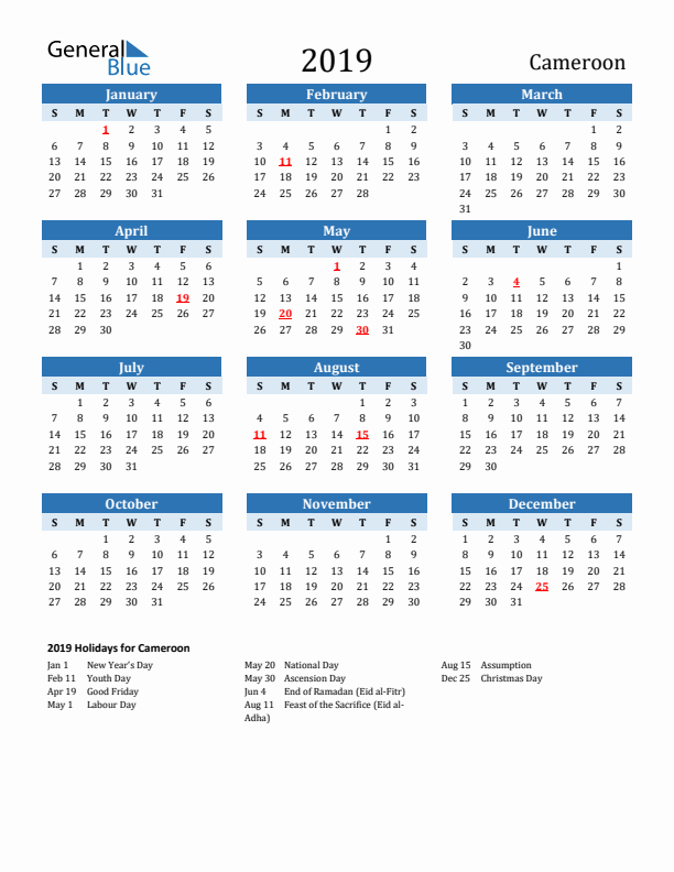 Printable Calendar 2019 with Cameroon Holidays (Sunday Start)
