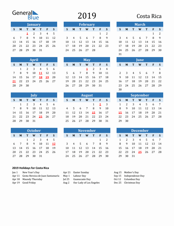 Printable Calendar 2019 with Costa Rica Holidays (Sunday Start)
