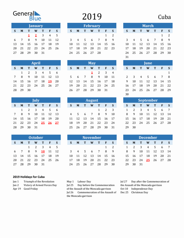 Printable Calendar 2019 with Cuba Holidays (Sunday Start)