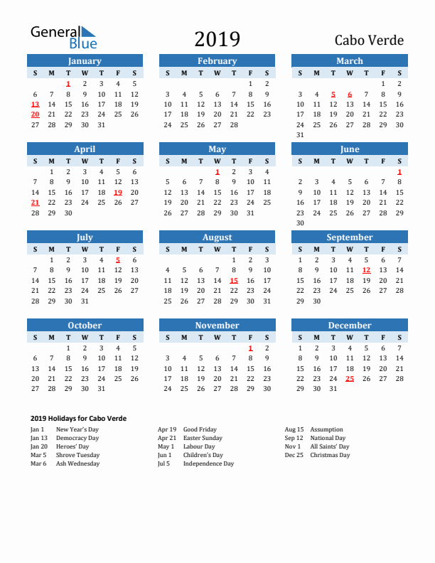 Printable Calendar 2019 with Cabo Verde Holidays (Sunday Start)