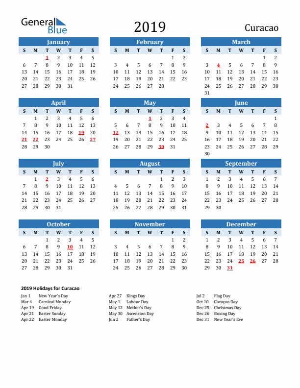 Printable Calendar 2019 with Curacao Holidays (Sunday Start)