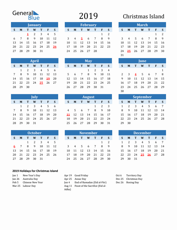 Printable Calendar 2019 with Christmas Island Holidays (Sunday Start)