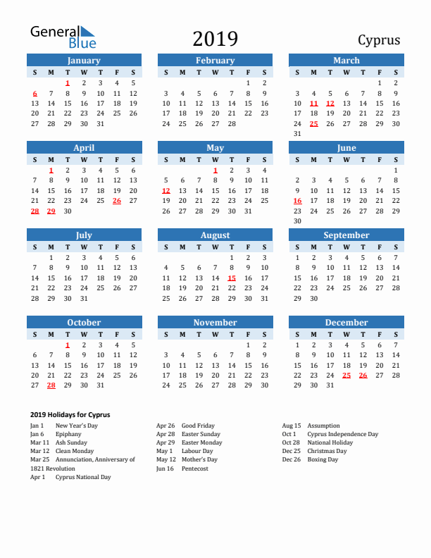 Printable Calendar 2019 with Cyprus Holidays (Sunday Start)
