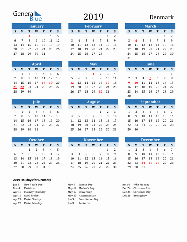 Printable Calendar 2019 with Denmark Holidays (Sunday Start)