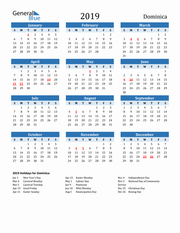 Printable Calendar 2019 with Dominica Holidays (Sunday Start)
