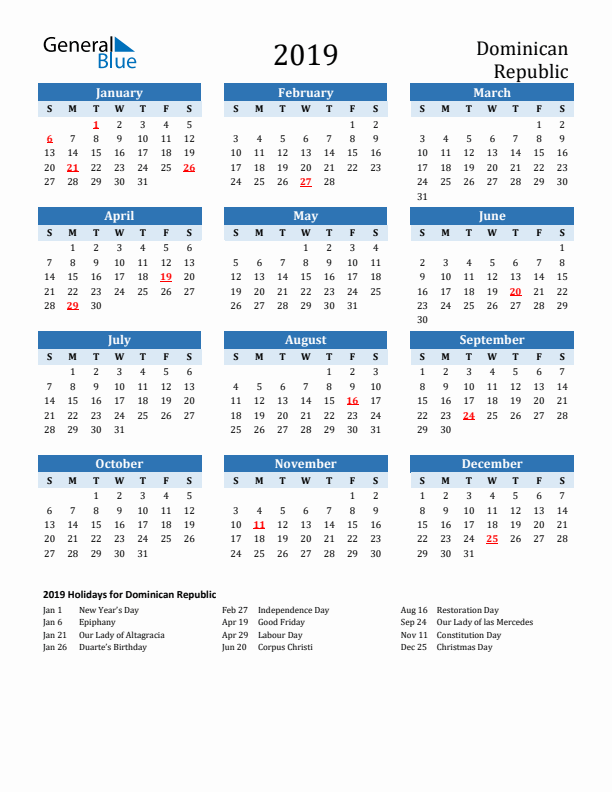 Printable Calendar 2019 with Dominican Republic Holidays (Sunday Start)