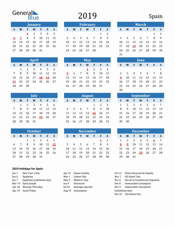 Printable Calendar 2019 with Spain Holidays (Sunday Start)