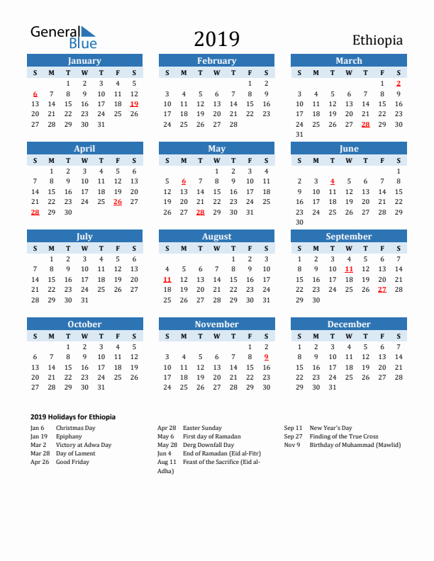 Printable Calendar 2019 with Ethiopia Holidays (Sunday Start)