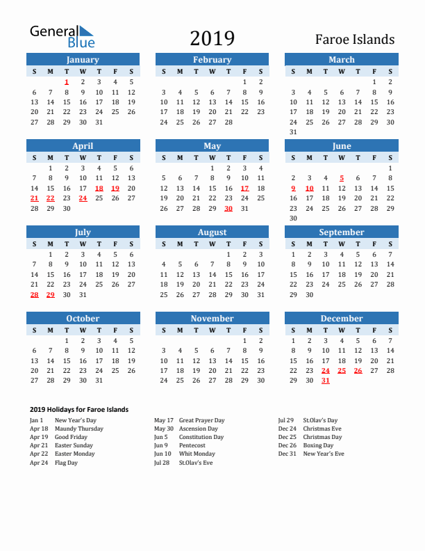 Printable Calendar 2019 with Faroe Islands Holidays (Sunday Start)