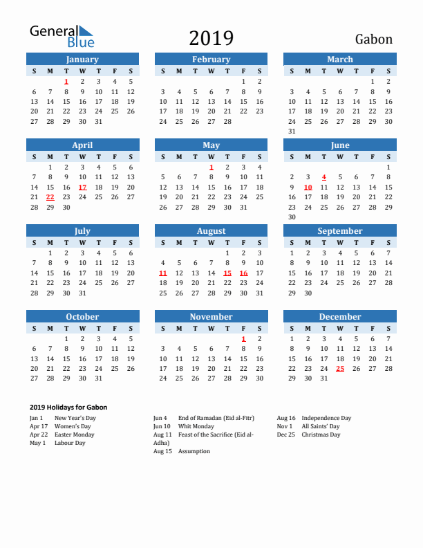Printable Calendar 2019 with Gabon Holidays (Sunday Start)