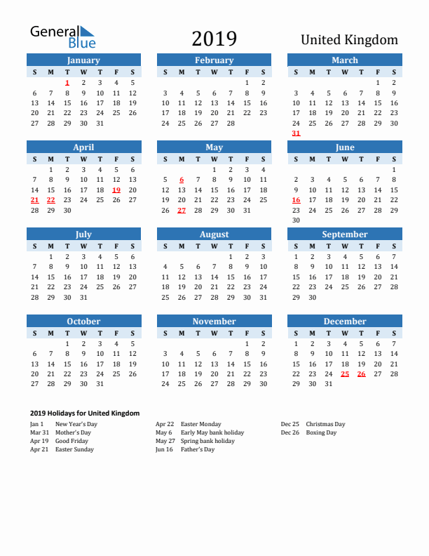 Printable Calendar 2019 with United Kingdom Holidays (Sunday Start)