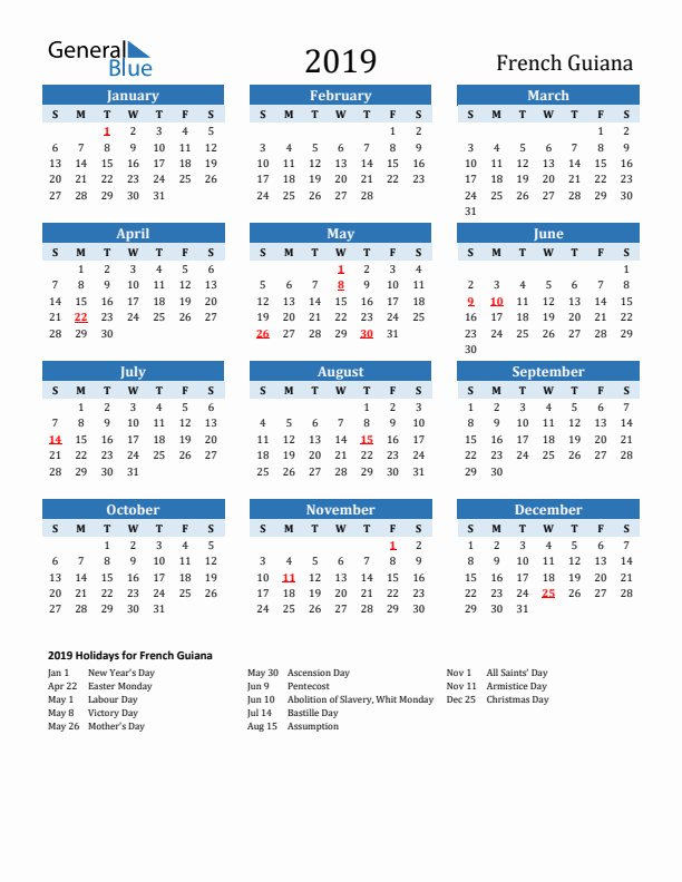 Printable Calendar 2019 with French Guiana Holidays (Sunday Start)