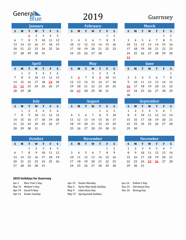 Printable Calendar 2019 with Guernsey Holidays (Sunday Start)
