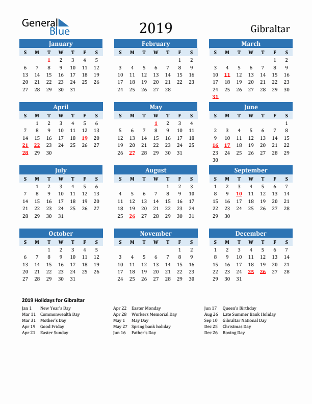 Printable Calendar 2019 with Gibraltar Holidays (Sunday Start)