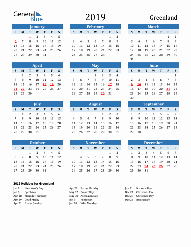 Printable Calendar 2019 with Greenland Holidays (Sunday Start)