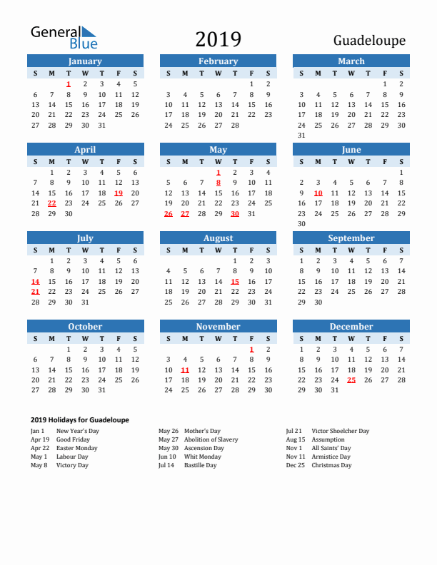 Printable Calendar 2019 with Guadeloupe Holidays (Sunday Start)