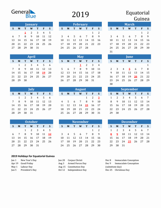 Printable Calendar 2019 with Equatorial Guinea Holidays (Sunday Start)