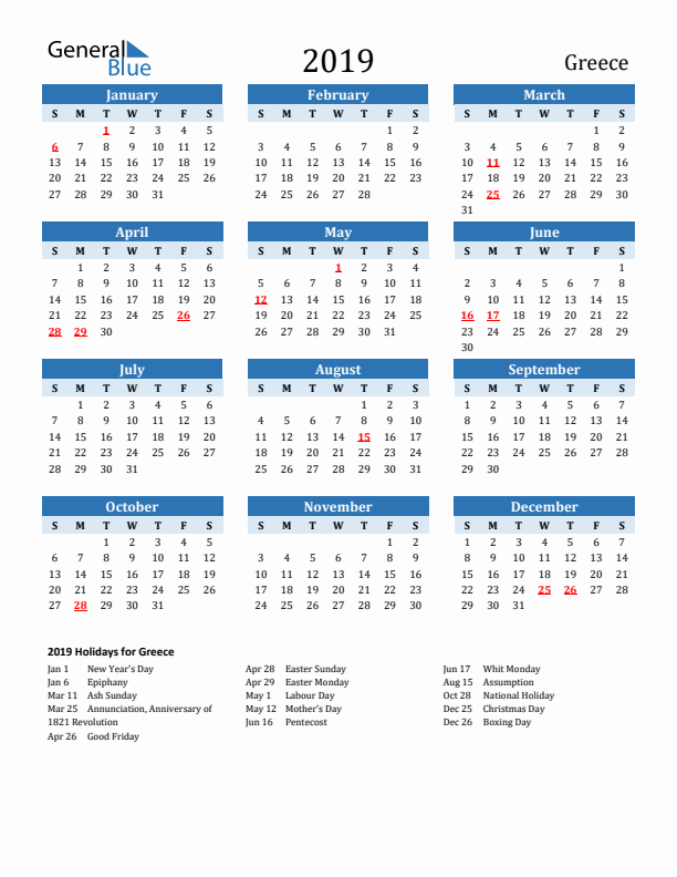 Printable Calendar 2019 with Greece Holidays (Sunday Start)