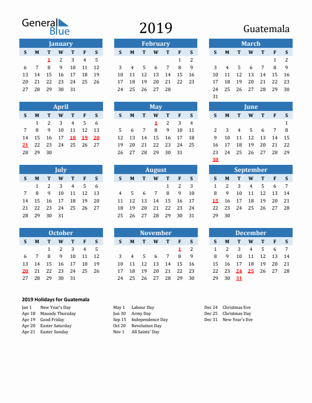 Printable Calendar 2019 with Guatemala Holidays (Sunday Start)