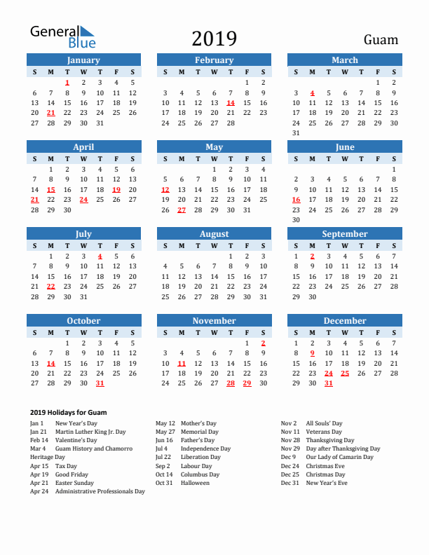 Printable Calendar 2019 with Guam Holidays (Sunday Start)