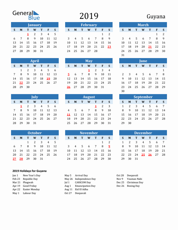 Printable Calendar 2019 with Guyana Holidays (Sunday Start)