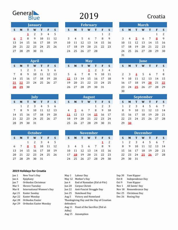 Printable Calendar 2019 with Croatia Holidays (Sunday Start)
