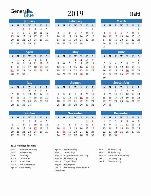 Printable Calendar 2019 with Haiti Holidays (Sunday Start)