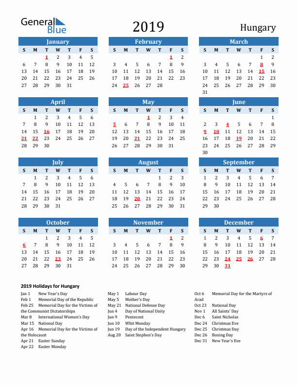 Printable Calendar 2019 with Hungary Holidays (Sunday Start)