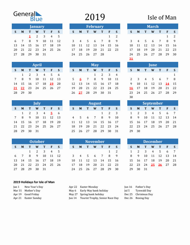 Printable Calendar 2019 with Isle of Man Holidays (Sunday Start)