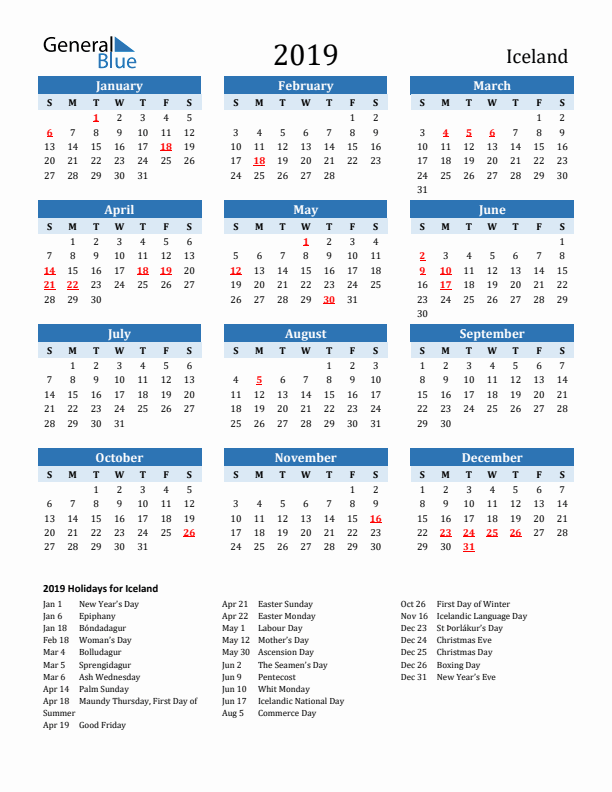 Printable Calendar 2019 with Iceland Holidays (Sunday Start)