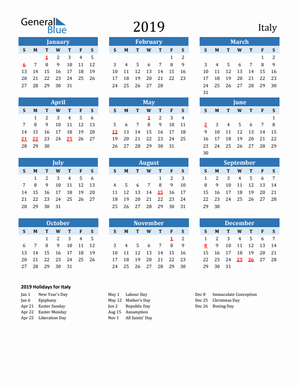 Printable Calendar 2019 with Italy Holidays (Sunday Start)