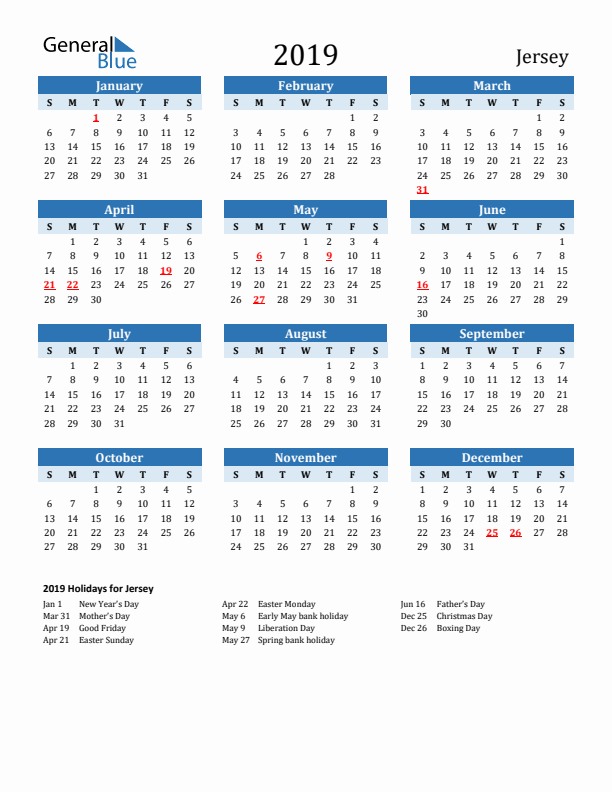 Printable Calendar 2019 with Jersey Holidays (Sunday Start)