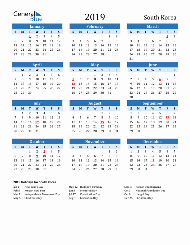 Printable Calendar 2019 with South Korea Holidays (Sunday Start)