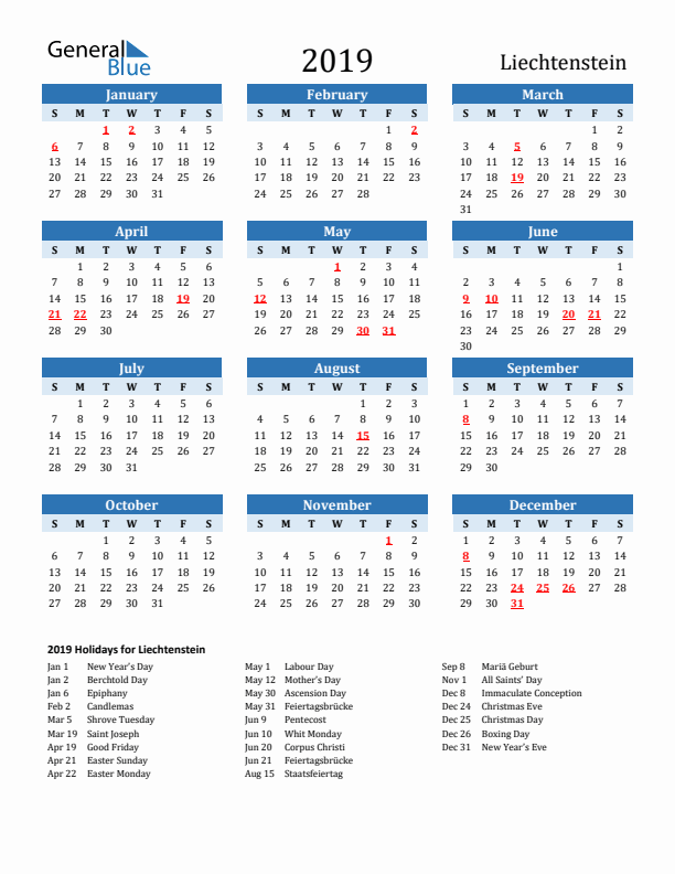Printable Calendar 2019 with Liechtenstein Holidays (Sunday Start)