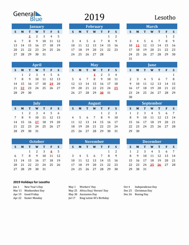 Printable Calendar 2019 with Lesotho Holidays (Sunday Start)