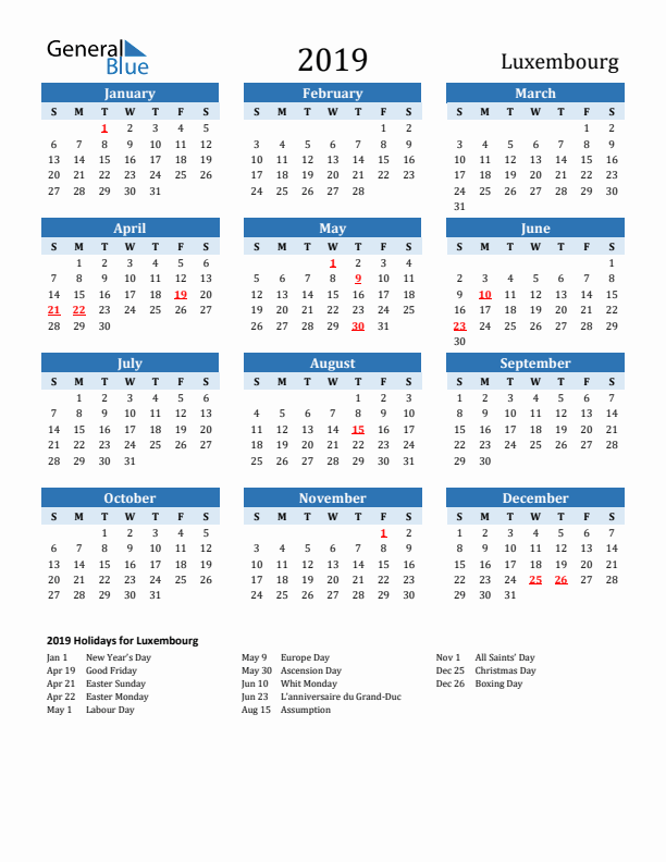 Printable Calendar 2019 with Luxembourg Holidays (Sunday Start)