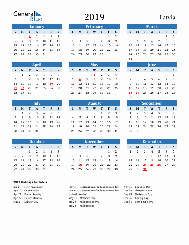 Printable Calendar 2019 with Latvia Holidays (Sunday Start)
