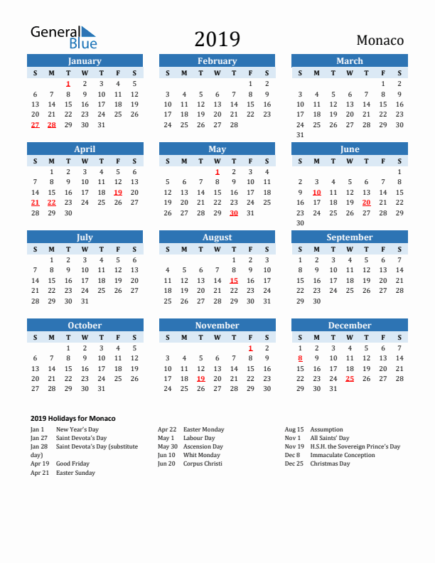 Printable Calendar 2019 with Monaco Holidays (Sunday Start)