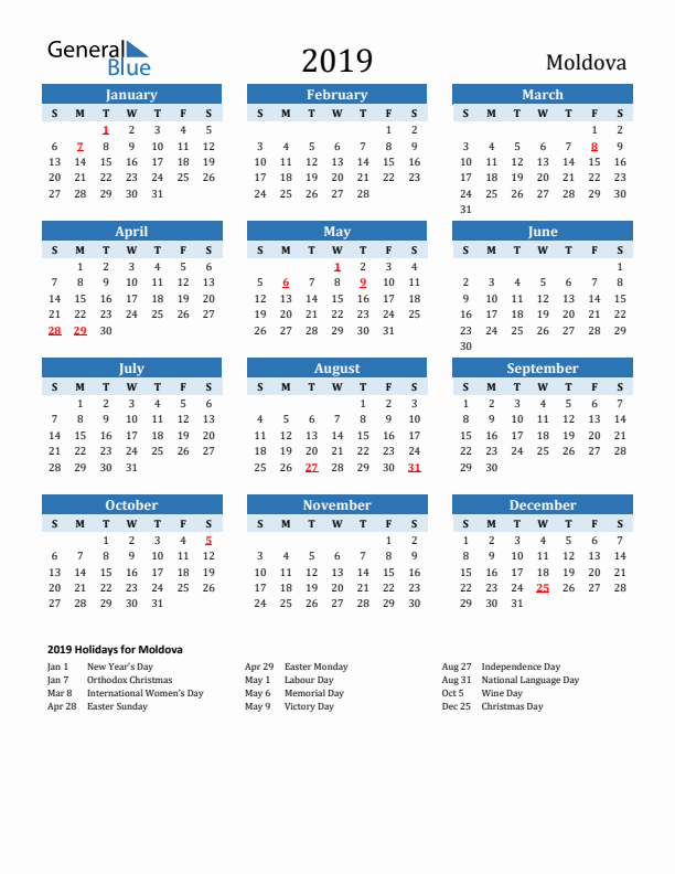 Printable Calendar 2019 with Moldova Holidays (Sunday Start)