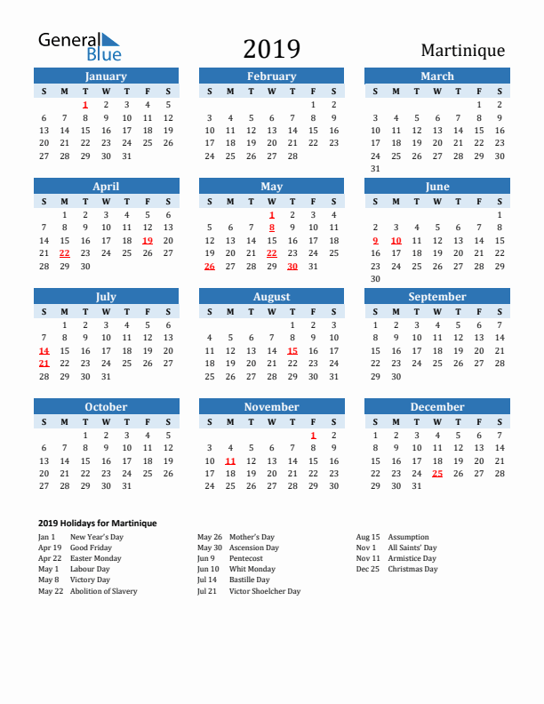 Printable Calendar 2019 with Martinique Holidays (Sunday Start)