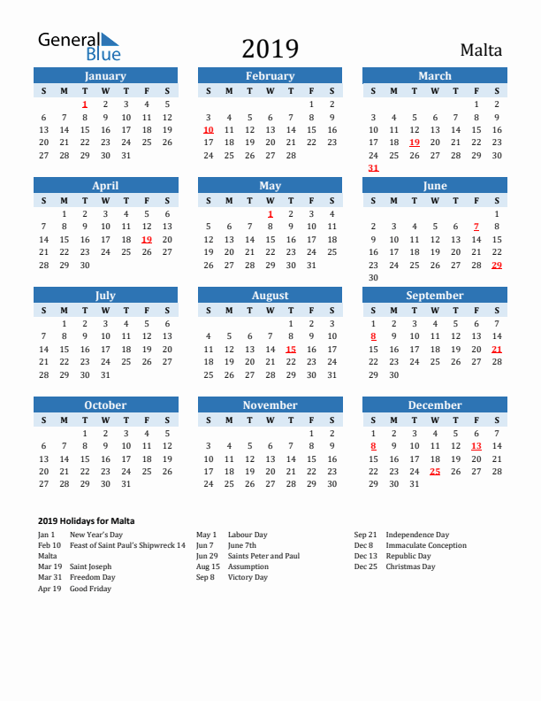 Printable Calendar 2019 with Malta Holidays (Sunday Start)