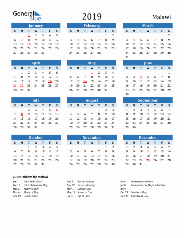 Printable Calendar 2019 with Malawi Holidays (Sunday Start)