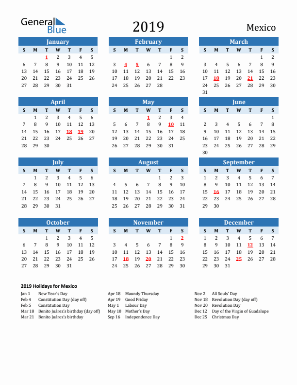 Printable Calendar 2019 with Mexico Holidays (Sunday Start)