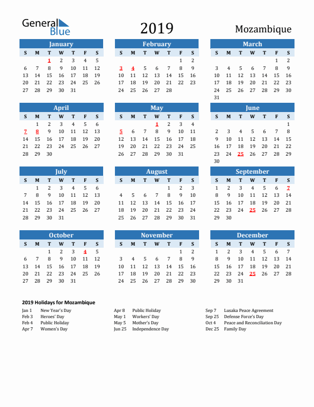 Printable Calendar 2019 with Mozambique Holidays (Sunday Start)